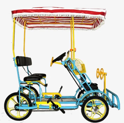 Four-Wheeled Parent-Child Double Bicycle, Multi-Person 4-Seater Hand Brake Bike, Couple Sightseeing Tour Quadricycle