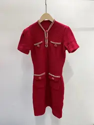 Red knitted hip dress temperament elegant diamond buttons decorated short-sleeved women's dress 2024 Autumn New