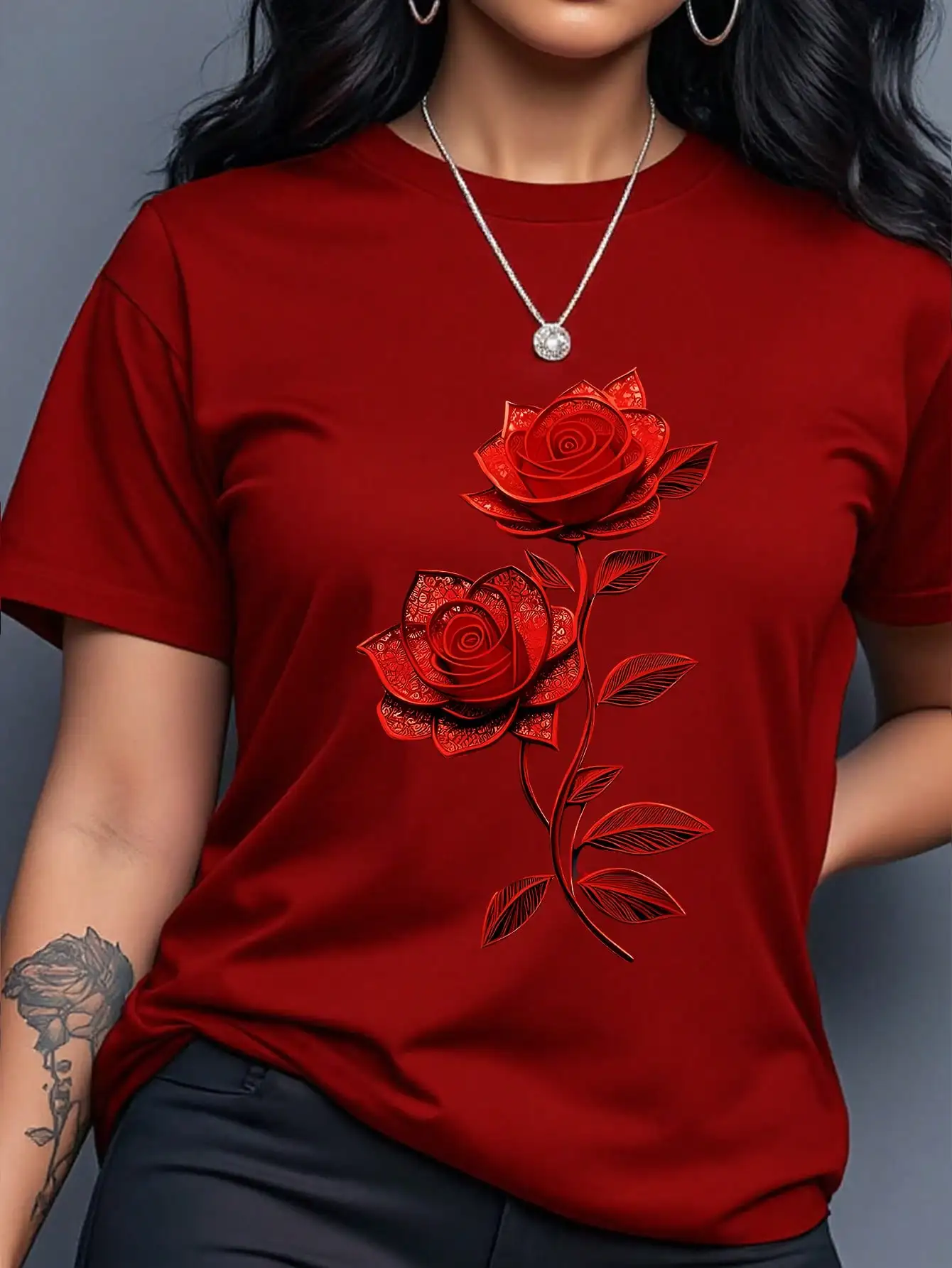 Women's Yellow T-Shirt with Gold Rose Print, Round Neck Short Sleeve Casual Top image 6