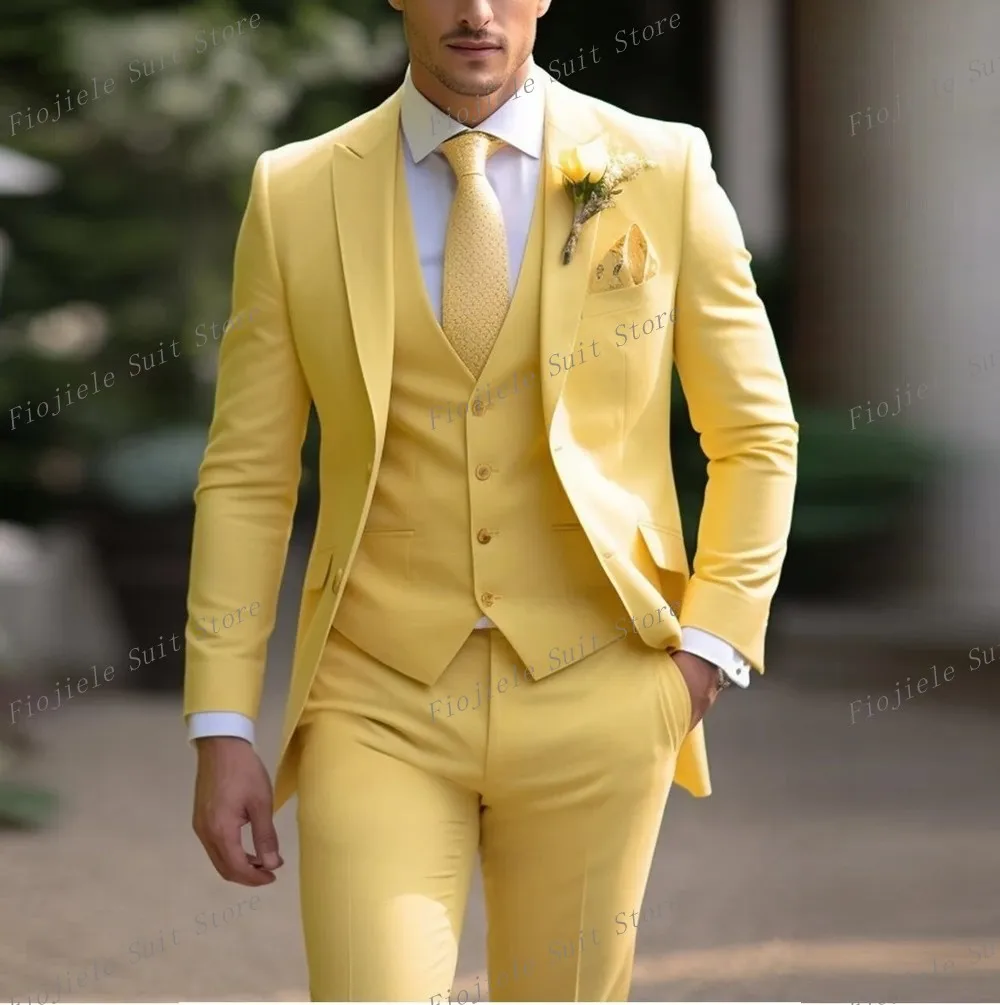 

Male Yellow Formal Occasion Tuxedos Men Business Suit Groom Groomsman Wedding Party Prom 3 Piece Set Jacket Vest Pants