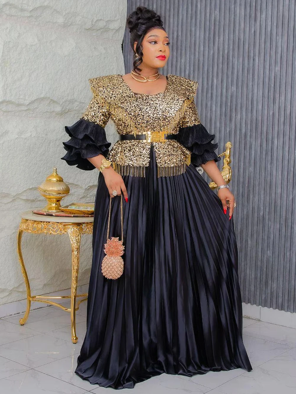 

African Party Dresses For Women Luxury Sequin Long Sleeve Pleated Dress Plus Size Maxi Robe Africa Clothing Lady Birthday Gowns