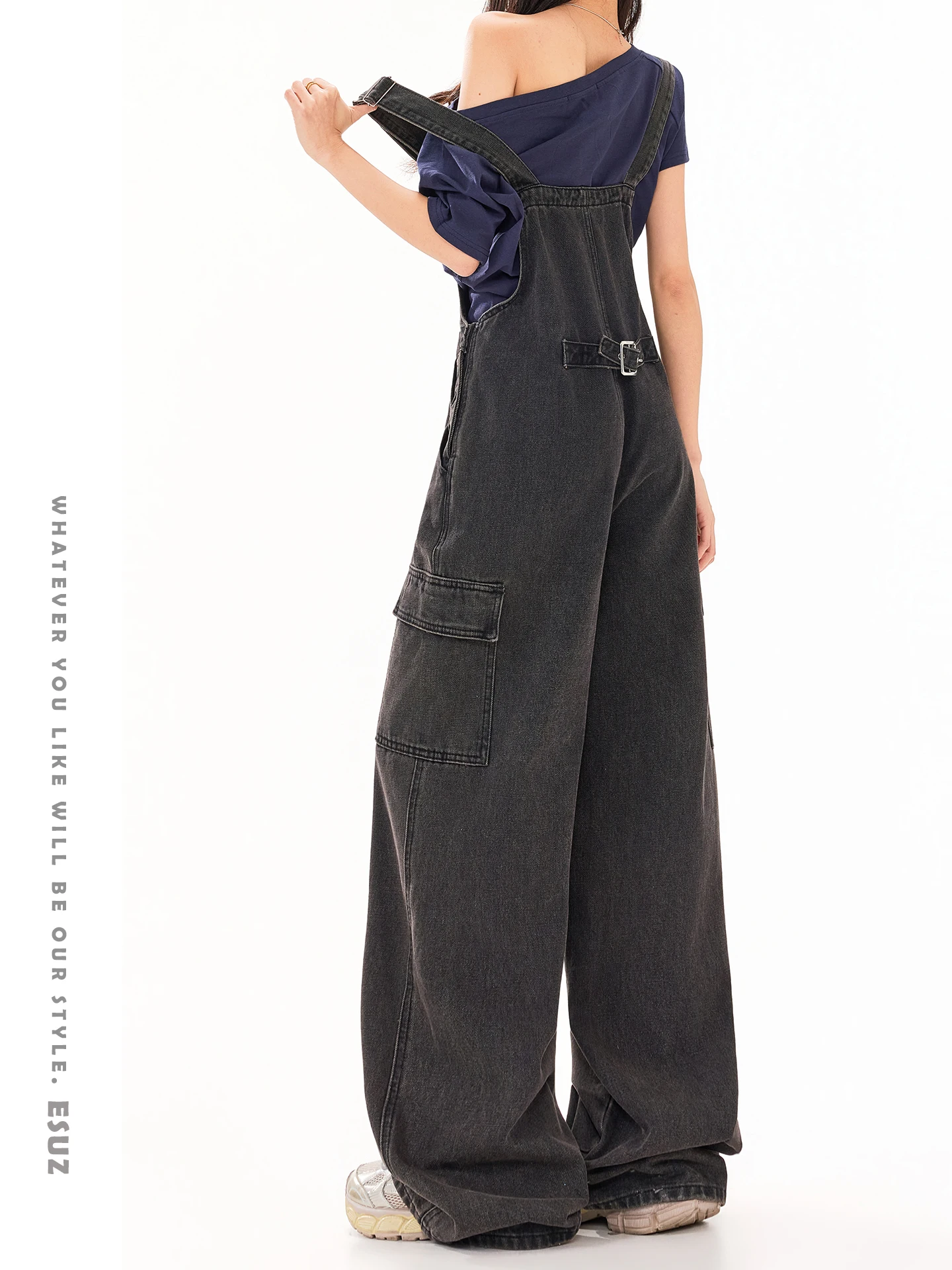 

Retro ey Bla Denim Overalls Women's Spring Sle Agel American Lazy Loose Wide Leg Jumpsuit Casual High Waist Cotton