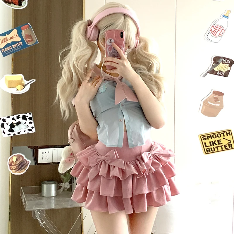 Kawaii Y2K Women 2 Pieces Sets Sweet Sexy Slim Sailor Collar Shirts Pink Mini Skirts Elegant Lolita Outfits 2023 Summer New