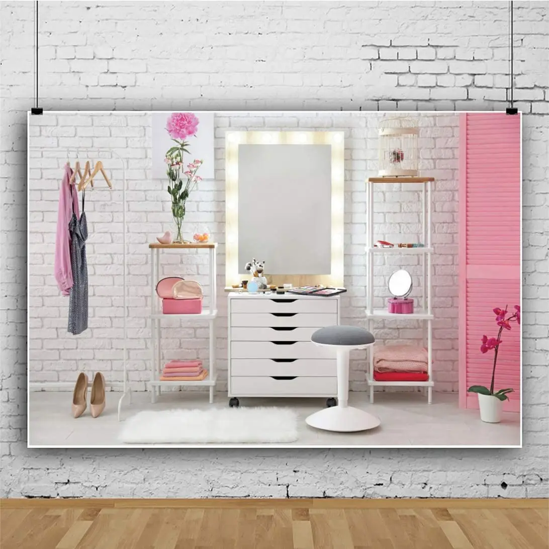 Pink Makeup Room Interior For Photography Backdrop Modern Professional Room Salon White Wall Make-up Mirror Cosmetics Background