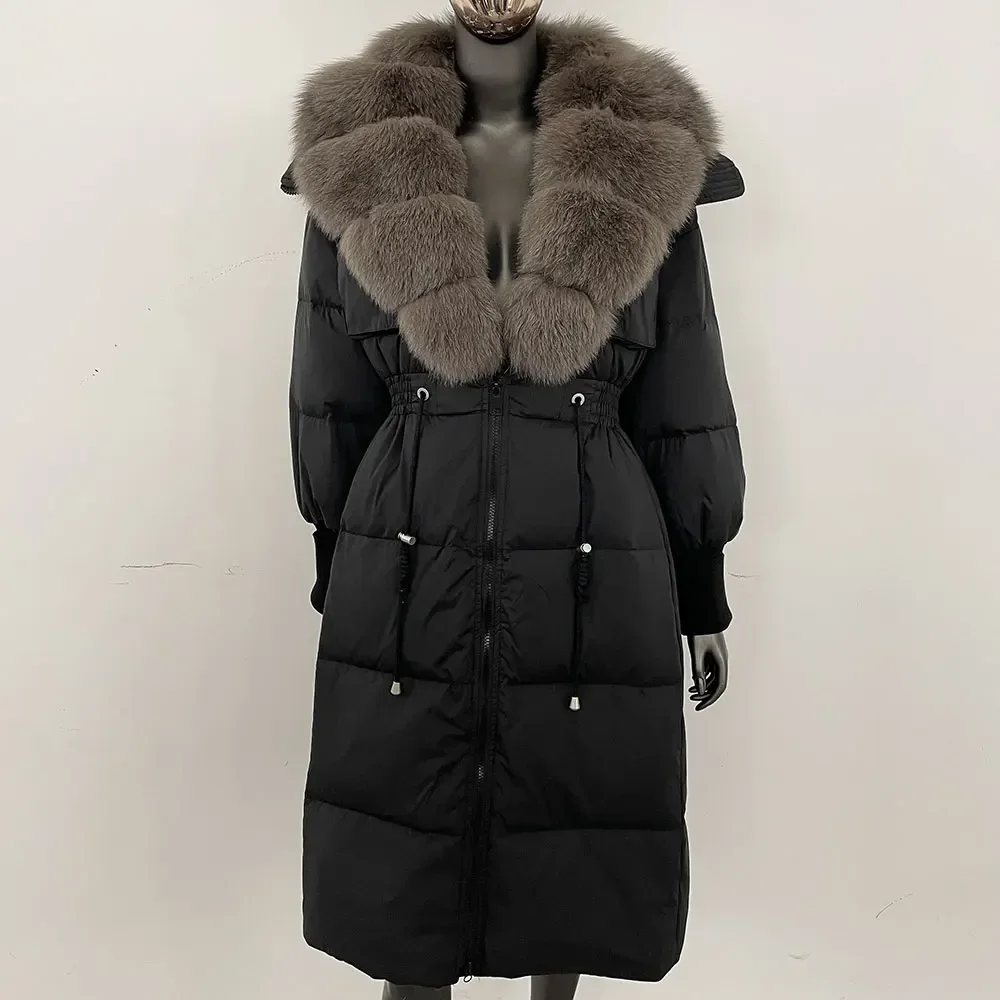 2025 جديد ريال فوكس الفراء طوق الفراء الطبيعي سترة طويلة سترة منفوخة الشتاء فوق الركبة المرأة سليم صالح الدافئة الأبيض بطة أسفل معطف #5