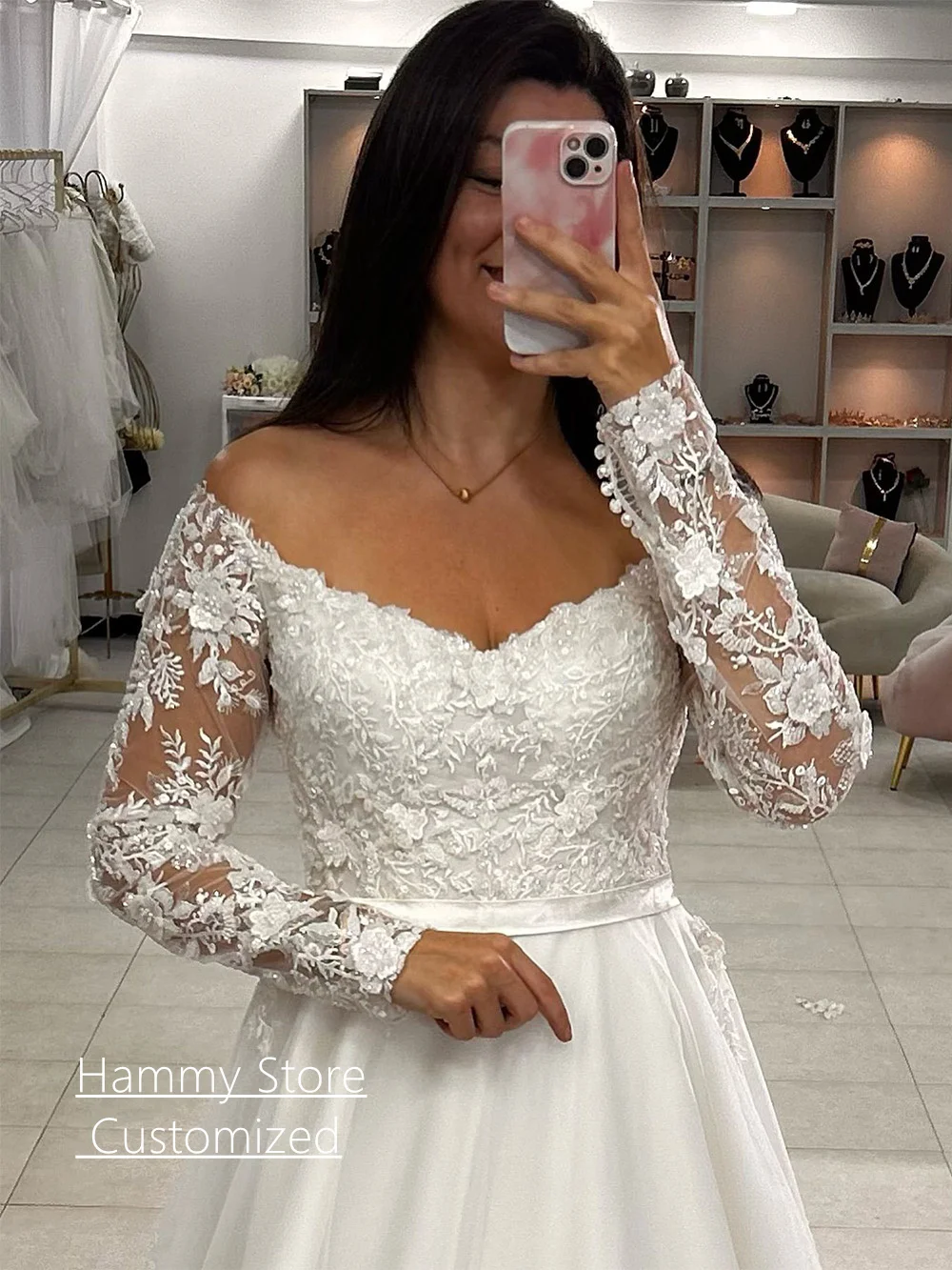 Exquisites Spitzenhochzeitskleid, maßgeschneidert, V-Ausschnitt, lange Ärmel, Paillettenapplikation, A-Linie, königliches Brautkleid, arabische Brautkleider