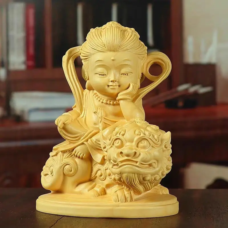 Huangyang Wood Carving Manjusri Puxian Guanyin Bodhisattva Solid Wood Carving Benmingfo Handles Home Decoration Desktop Ornament