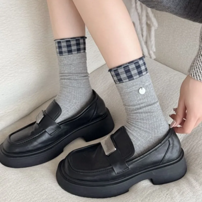 5 Pairs 2025 Fall Winter Women's Warm Socks Korean-Style Bow-Tie Striped Mid-Calf Cotton Women Socks White Socks High Quality