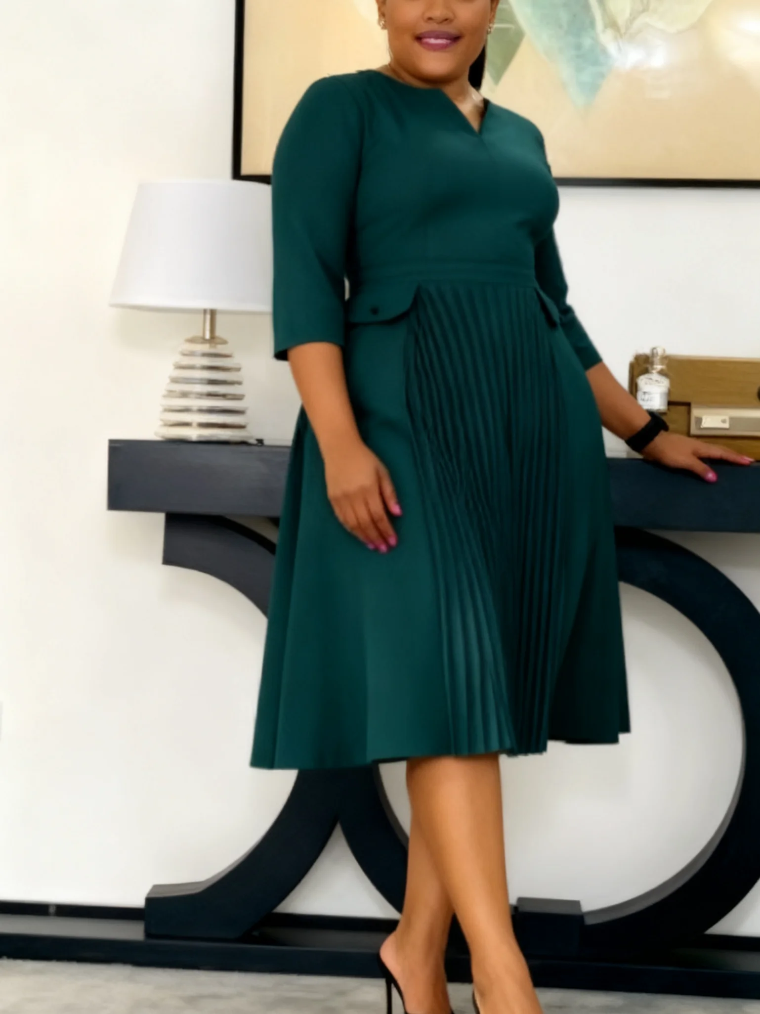 

omen's solid color plus size fashion pleated three-quarter sleeve Women's dress plus size