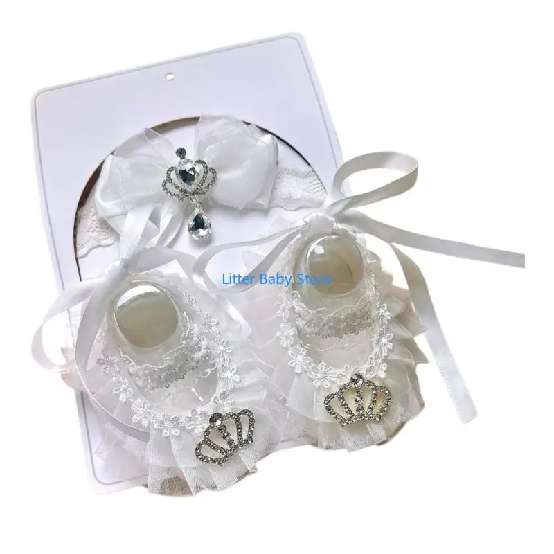 

N80C Fashionable Elegant Infant Royal Headband With Anti Slip First Step Shoe Set Suitable For Newborns Up To 6 Months