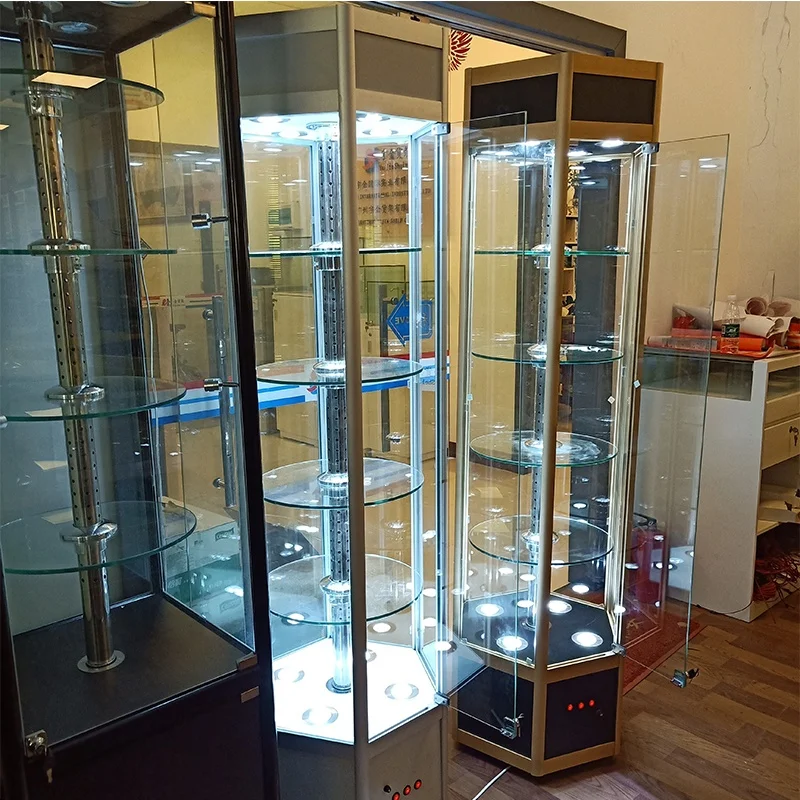 custom.Hexagonal Rotating Jewelry Store Display Smoke Shop Glass Display Cases Cabinet with Glass Optical Showcase Jewelry Stand