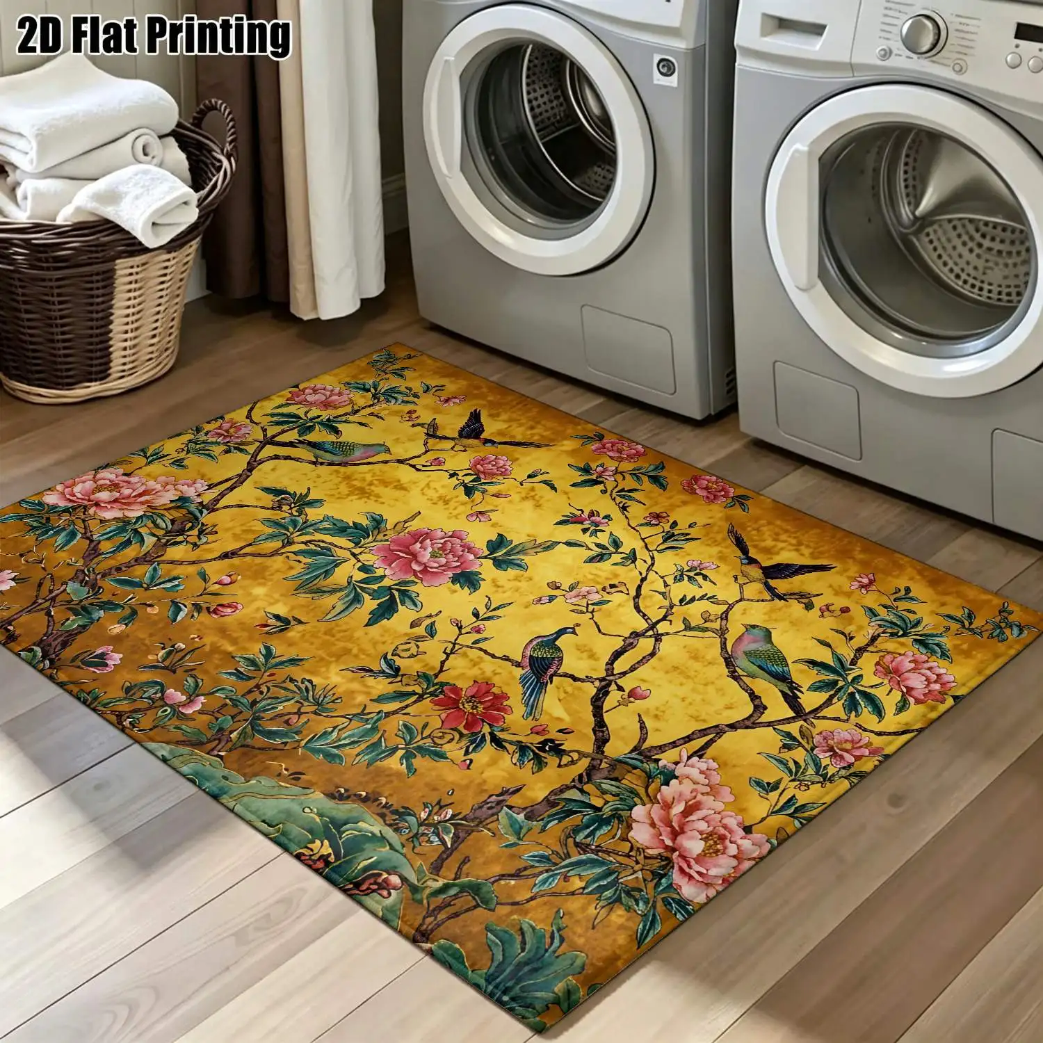 1Pc 2D Printed Carpet: Gold Base, Pink Floral, Retro European Home Decor Rug Multi-Size, Machine Washable, Suitable for Entryway, Dining Room, Foyer, Living Room, Bedroom.