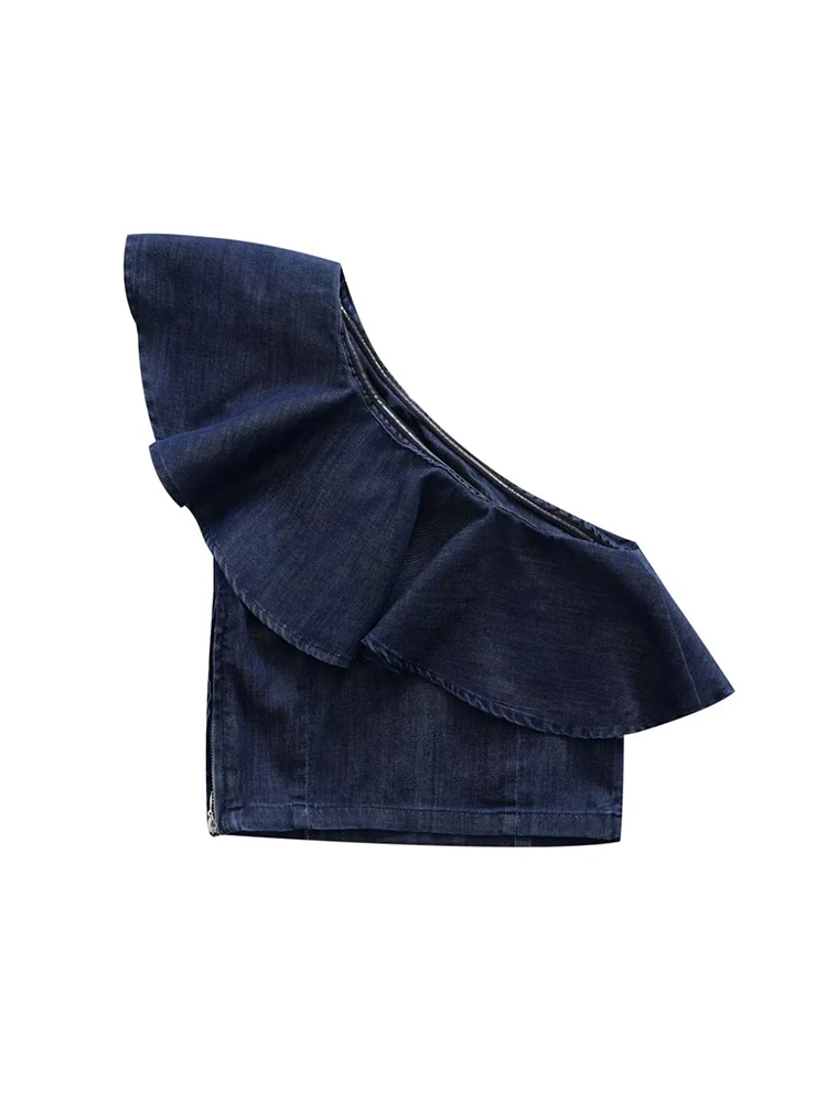 

Willshela Women Fashion Denim Blue Ruffled Side Zipper Tops Vintage Asymmetrical Neck Sleeveless Female Chic Lady Tank Tops