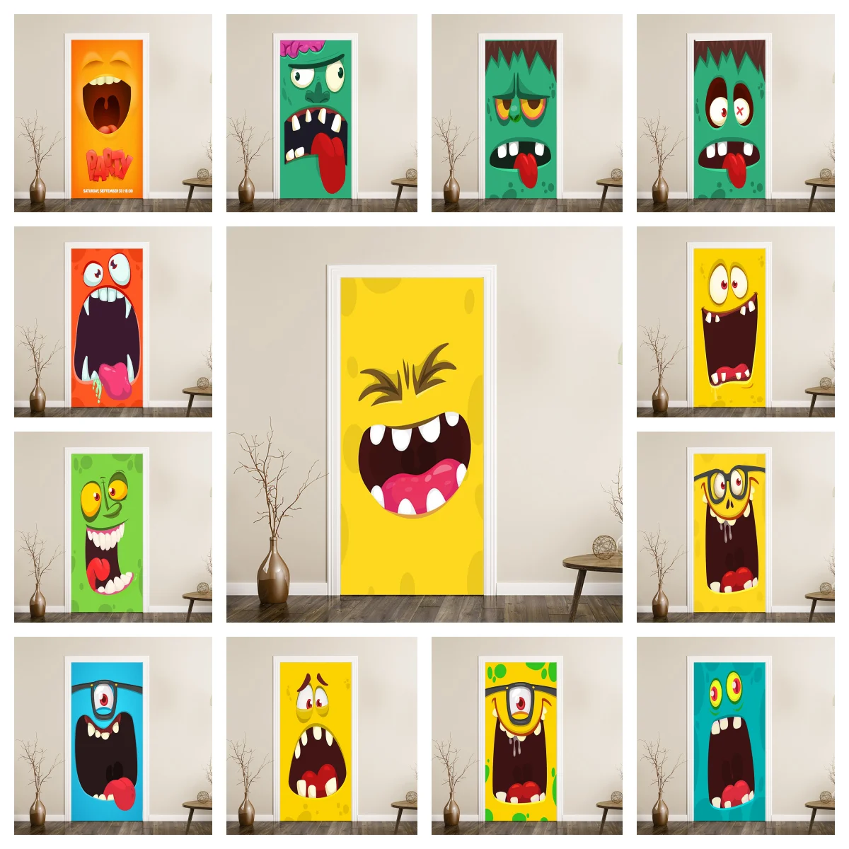 Halloween Mummy Monster Door Sticker Cartoon Big Mouth Self‑Adhesive Art Mural Self-adhesive Kitchen Refrigerator Wrap Stickerss
