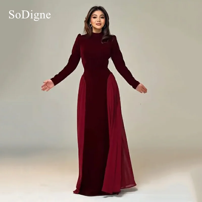 SoDigne Burgundy Velvet Prom Dresses Full Sleevess Straight Party Dress Charming Floor-Length Prom Gowns Customized