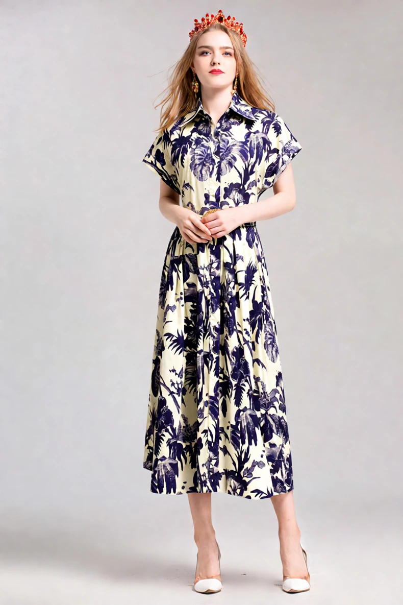 Women's Blue Tropical Leaf Print Shirt Dress, Short Sleeve Collar Button Front Midi Dress with Woven Belt, Elegant Vintage Chic