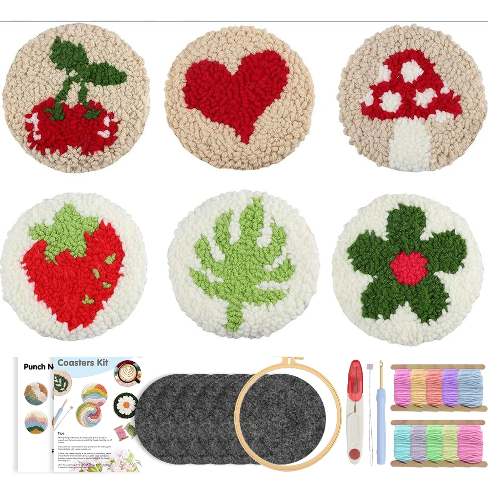 6Pcs Fruit Punch Needle Coaster Kit Punch Needle Embroidery Kit for Adults DIY Craft Supplies Tufted Coasters Tablemat