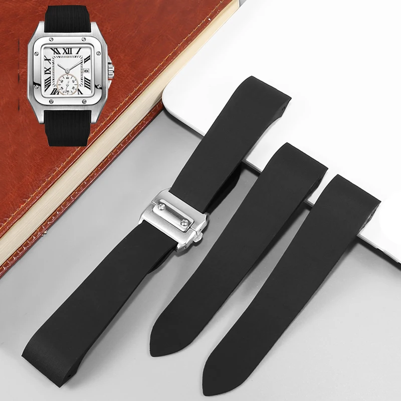 

Silicone Waterproof Watchband For Cartier Santos 100 W2020007 Rubber Straps 25mm stainless steel Folding Clasp Black wristband