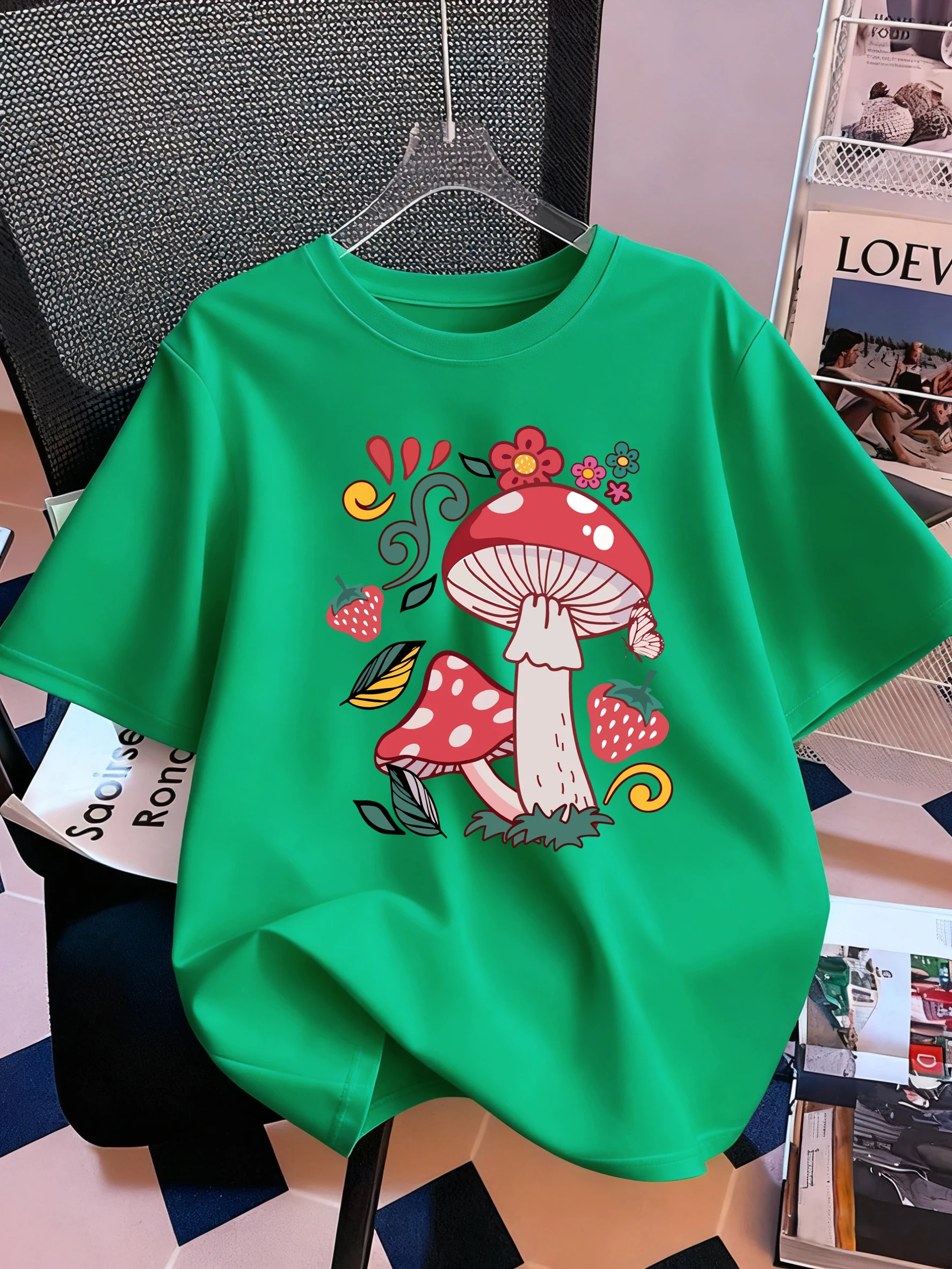 

Красивые грибы, цветы, клубника, футболка с принтом, женские хлопковые футболки с круглым вырезом, летняя свободная одежда, Y2K, с коротким рукавом