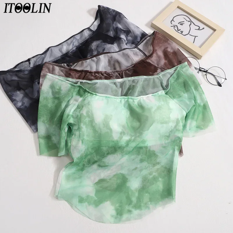 ITOOLIN Vintage Women Printing T-shirt Built In Bra Mesh Y2k Crop Tops Short Sleeves Sexy Women Beach T-shirt 2024 Summer