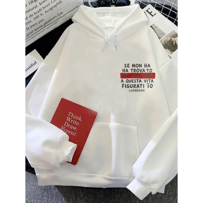 سترة رجالية بغطاء للرأس بيضاء مطبوعة إيطالية اقتباس Se Non Ha Ha Trovato Un Sensor عالية الجودة من القطن ملابس غير رسمية ملابس الشارع الشهير لداي