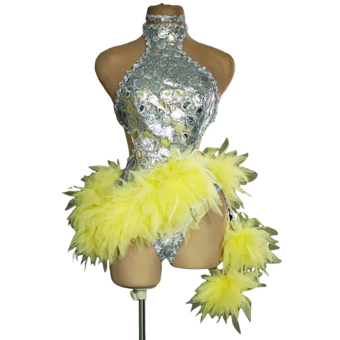 

Black Yellow Women Sequins Backless Bodysuits Las Vegas Showgirl Celebrate Carnival Mardi Gras Ruffle Club Stage Wear Shinning