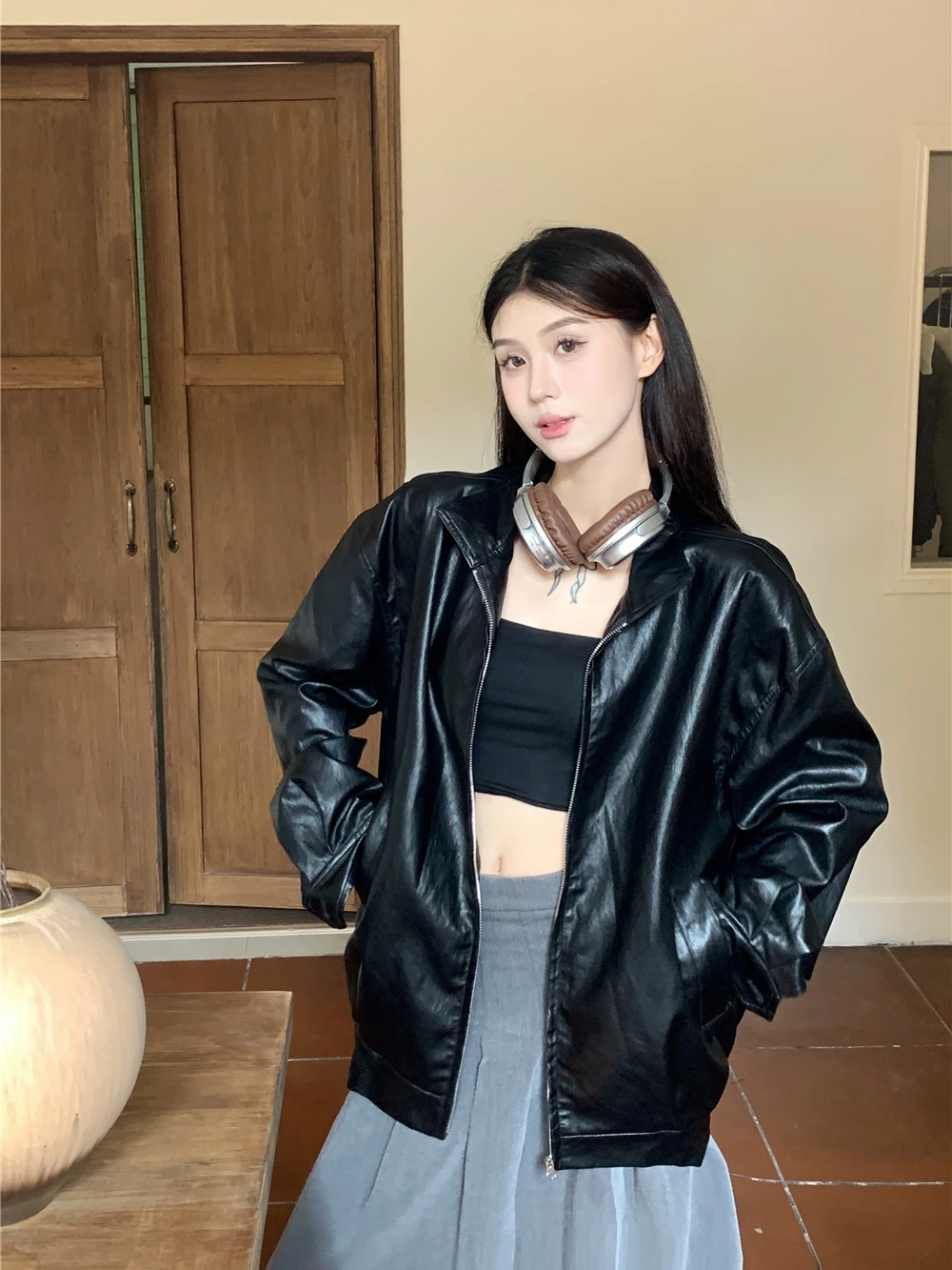 

plus Size Women's Bla Leather Jaet American Retro Sle Fall New Design Sensation Coat Korean Commute Sle Long Sve