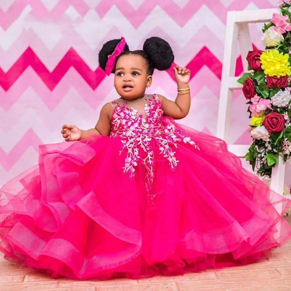 Princess Infant Gown Flower Girl Dress 3D Appliques Sheer Neck Sleeveless Ball Gown Extravagant Vestidos Para Niñas