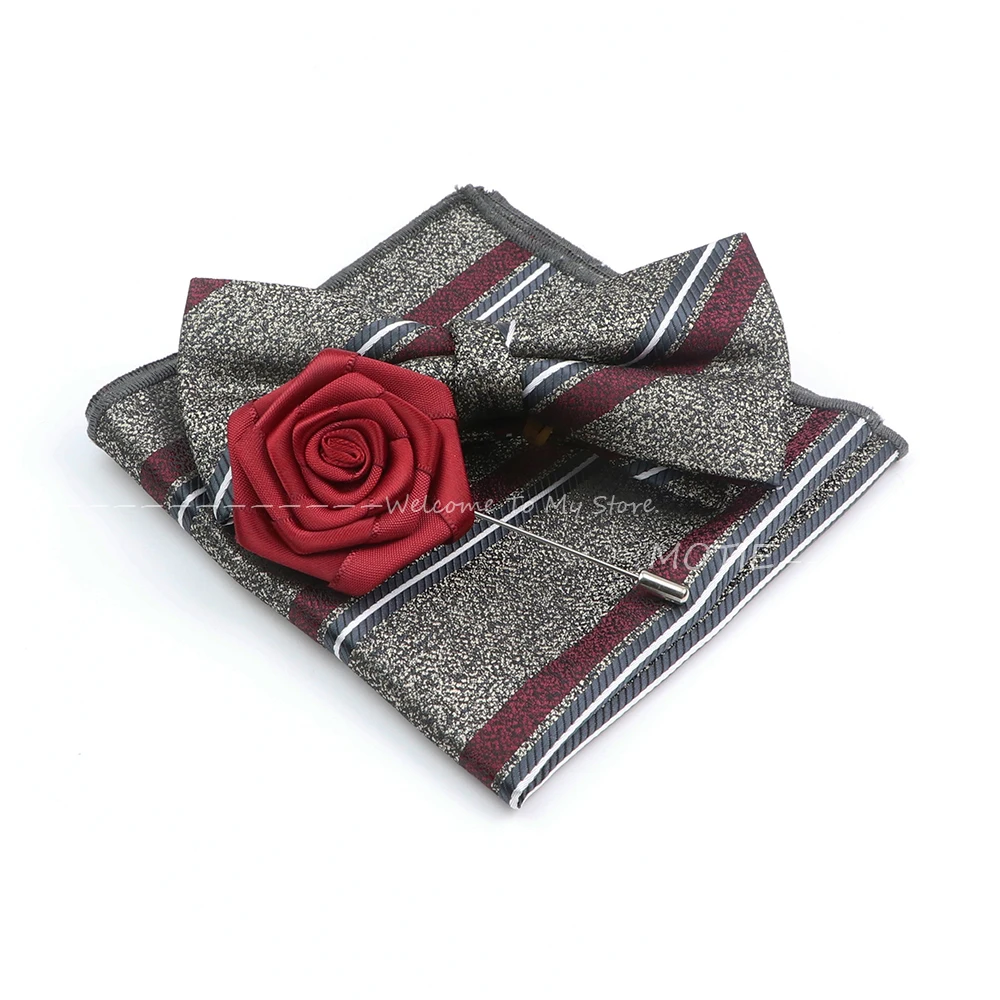 Gracefully Plaid Striped Polyester Handkerchief Set Blue Floral Butterfly Bowtie Brooch For Group Party Office Shirt Accessories