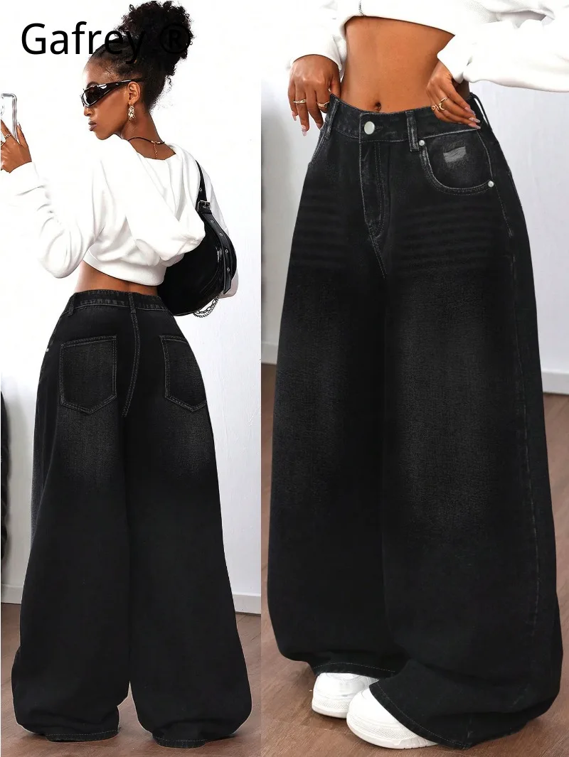 

XXL XL L M S Women Retro Washed Ripped Denim Jeans Loose Wide Leg Floor Length Casual Streetwear Baggy Long Pants for Ladies