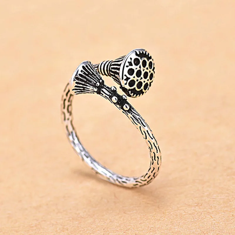 Neue Ankunft Retro Persönlichkeit 925 Sterling Silber Schmuck Handgemachte Ethnische Lotus Blume Exquisite Öffnung Ringe R214