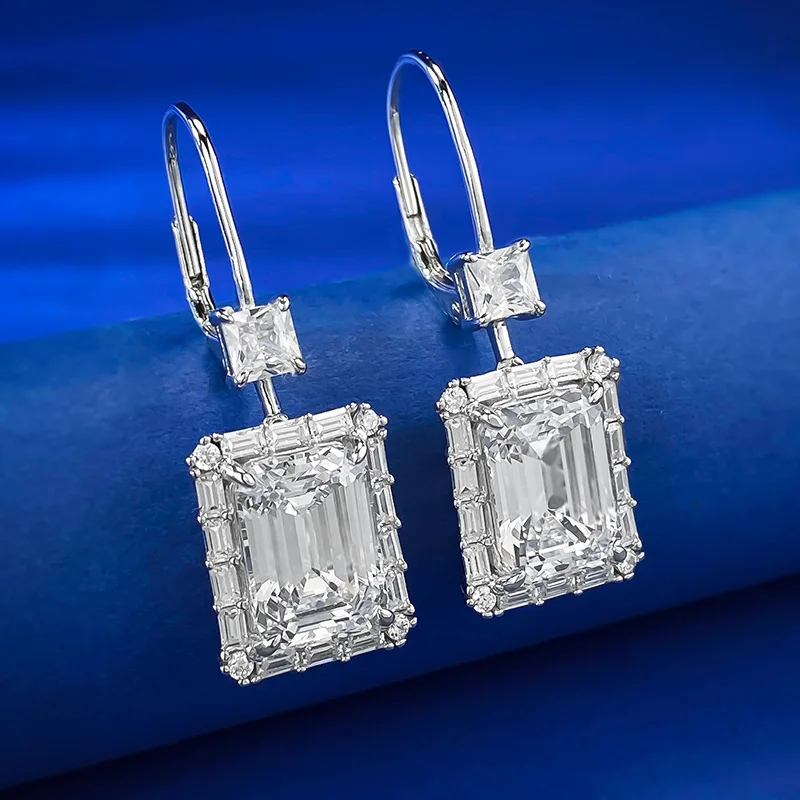 New 925 Pure Silver Ear Hook Women's Luxury Inlaid 8 * 11mm Rectangular Ascot Diamond High Carbon Diamond Earrings