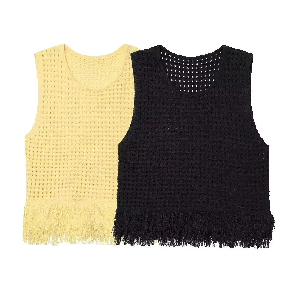

Осенняя новая женская одежда, вязаный топ без рукавов с бахромой и круглым вырезом в европейском и американском стиле