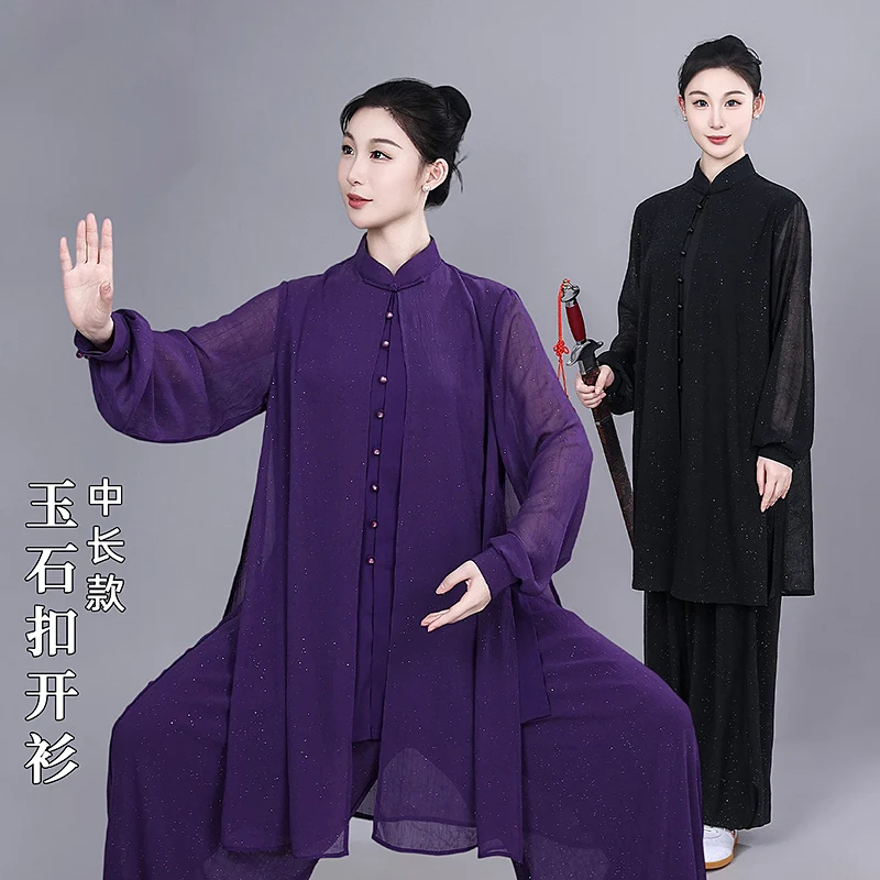 2026 Spring New Chinese Style Tai Chi Suit for Women – Floating Silver Gauze Wushu Uniform, Double-Layer Silk Linen Practice Se