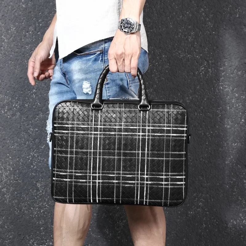 Men\'s Handbag Premium Cowhide Men\'s Bag Business Briefcase Woven Single Shoulder Crossbody Bag Document Laptop Bag High Quality