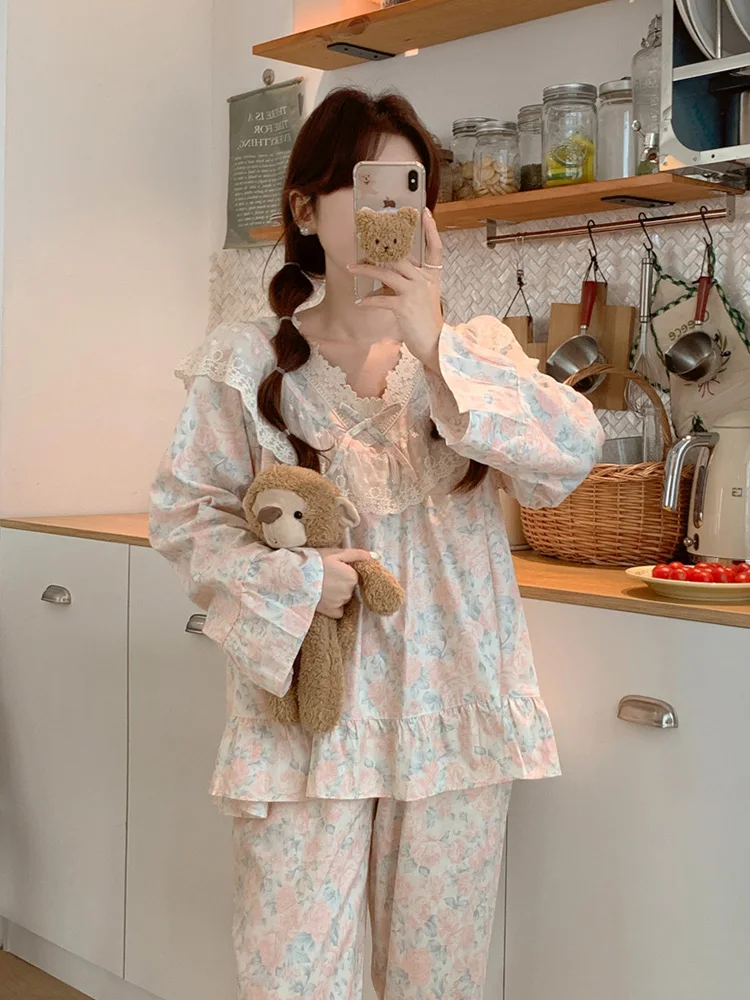 Print Princess Sweet Flowers Rose Lace Autumn Long Sleeve Pajama Set Women Kawaii Girlish Style Holiday Lazy Loose NightDress