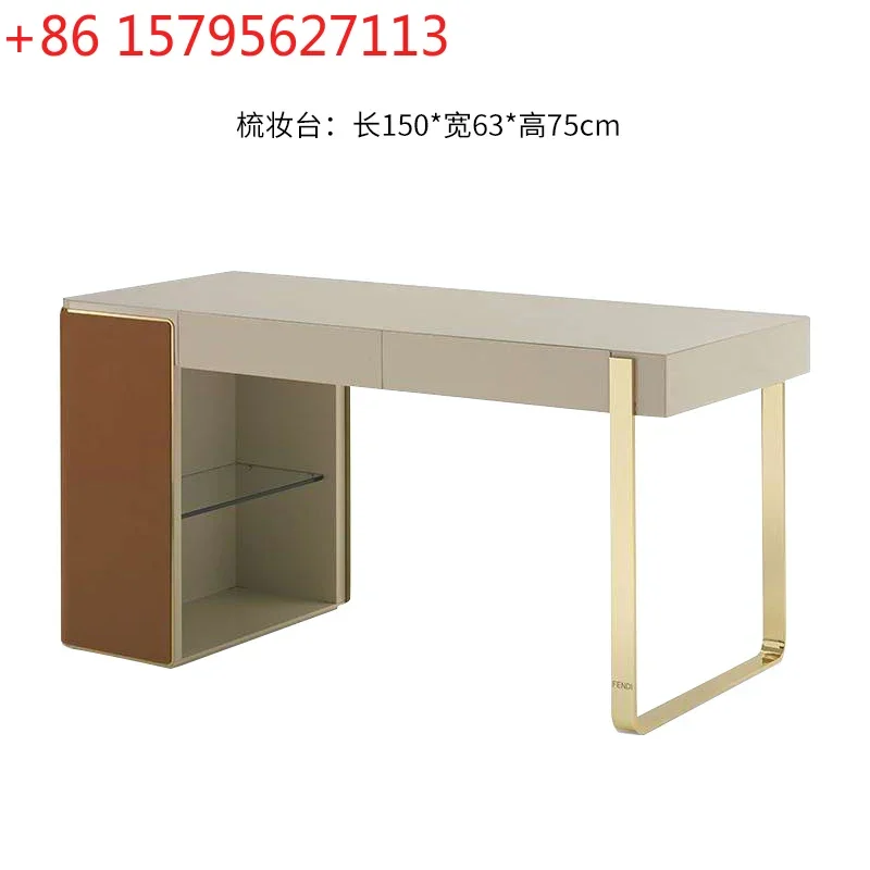 

Italian Light Luxury Furniture Post-Modern Solid Wood Leather Dresser Simple Dressing Table with Mirror and Drawer