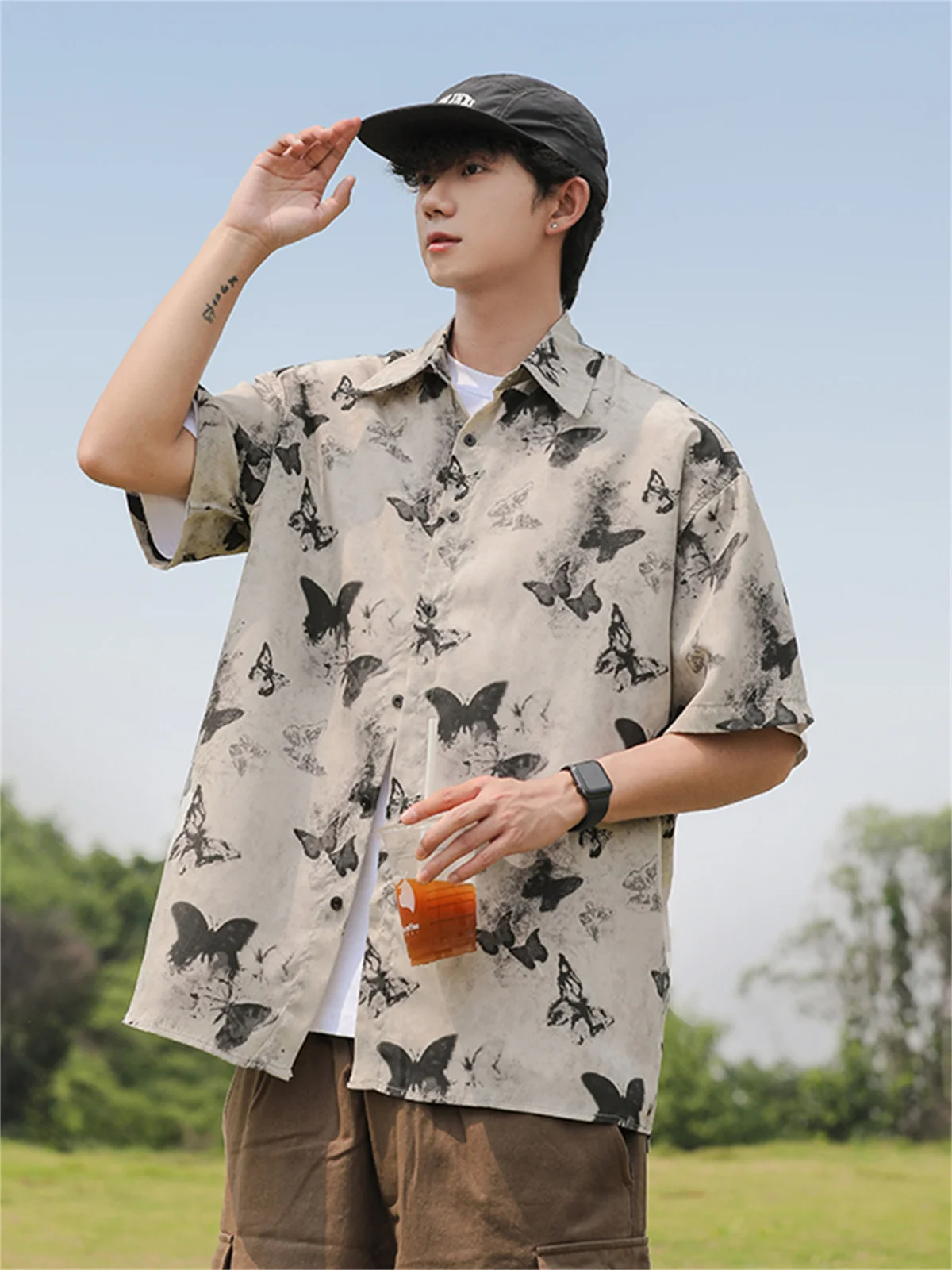 

Loose Fit Men's ort Sve irt Print Vintage Sle Youthful Summer Faion Casual irt Draped Collar Design