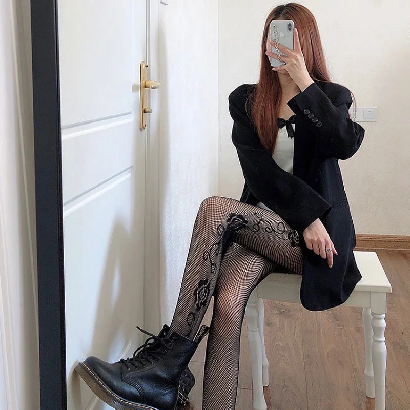Women Tights Leggings Lolita Hollowed Out Mesh Stockings Japanese Bottomed Sexy Lace Pantyhose Floral Rattan Black Stocking