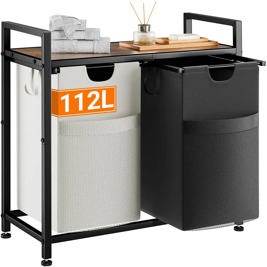 

Double Laundry Hamper, Multifunctional Basket Organizer, 112L Laundry Sorter with Removable Bags and Fabric Handles, Large Top S