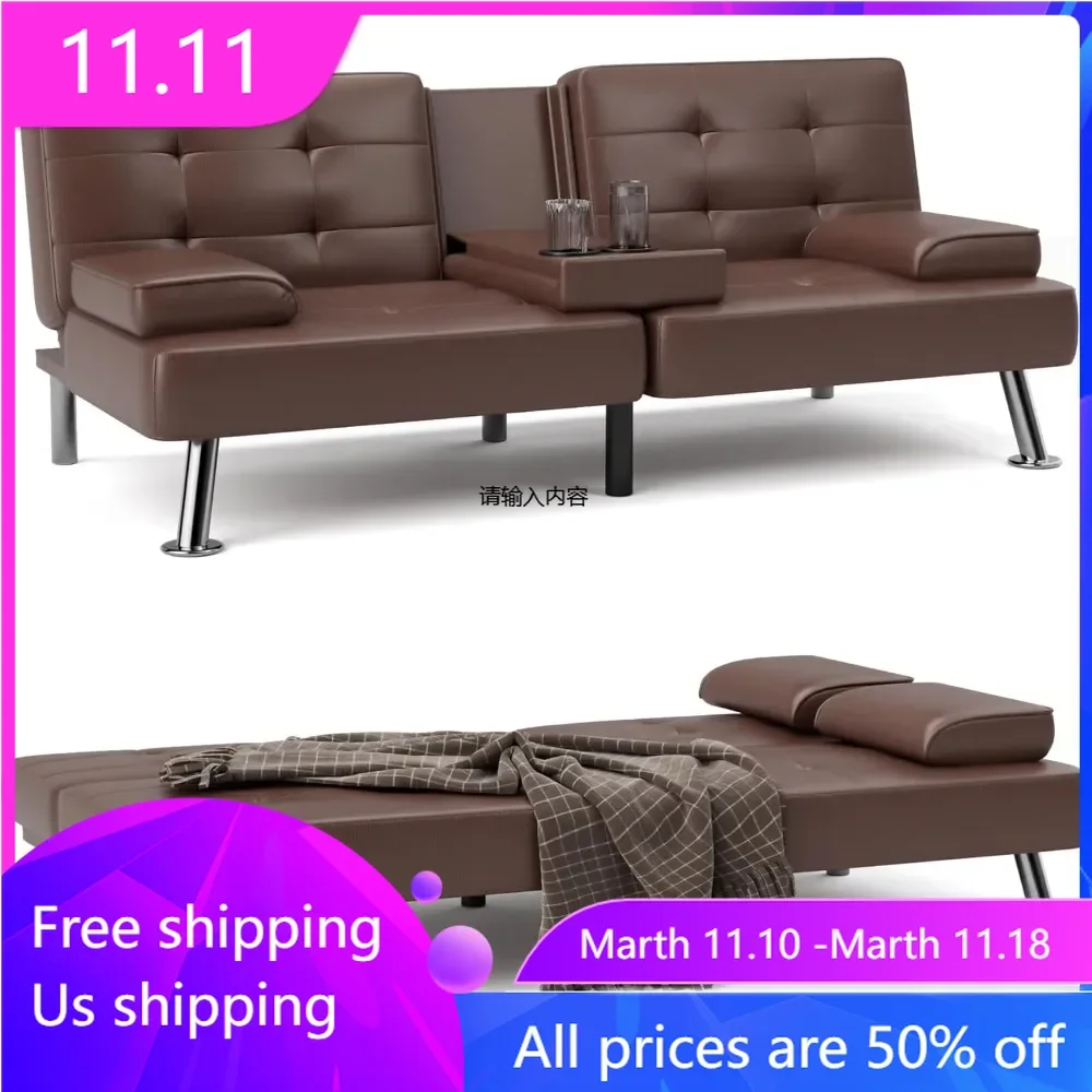 

Metal Legs Sofa Cup Holders Futon Sofa Bed Sleeper Couch for Living Room Faux Leather Upholstered Loveseat W/Removable Armrests