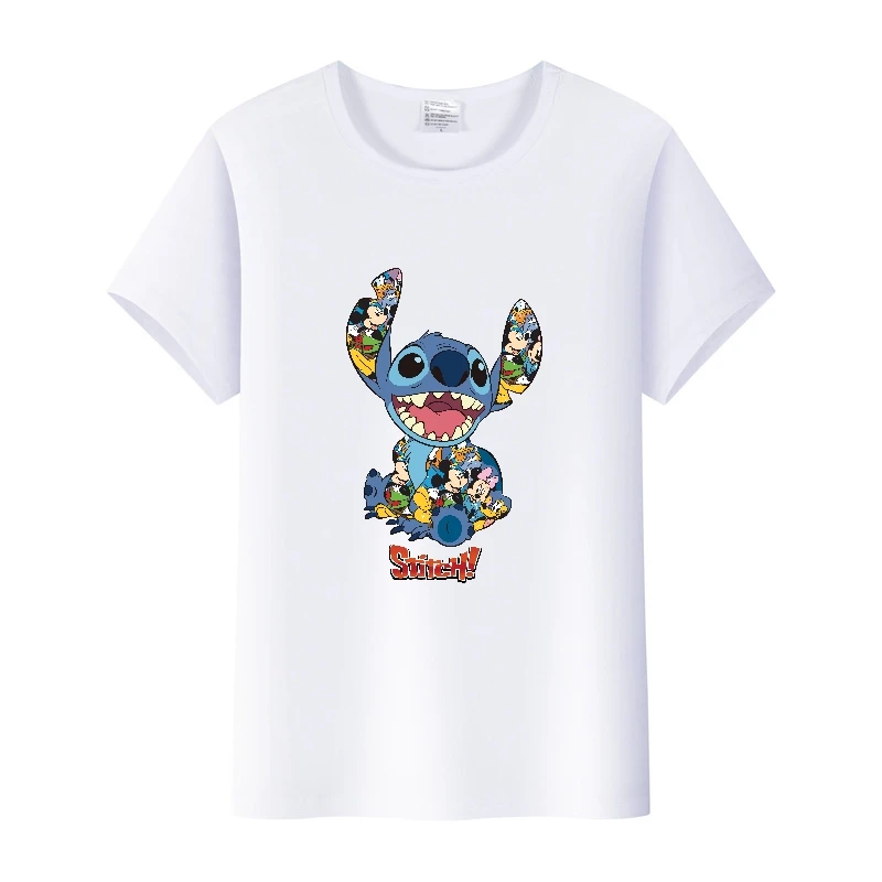 Kawaii Disney Cartoon Blouses Lilo Love Stitch Tops Fashion Summer Loose T-shirts White Shirt Child Tees Woman 2000s Clothes Y2k