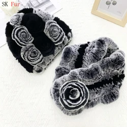 New Women Winter Fur Hat Scarf Sets Natural Warm Real Rex Rabbit Fur Cap Scarves Lady Knitted Warm 100% Genuine Fur Hats Muffler