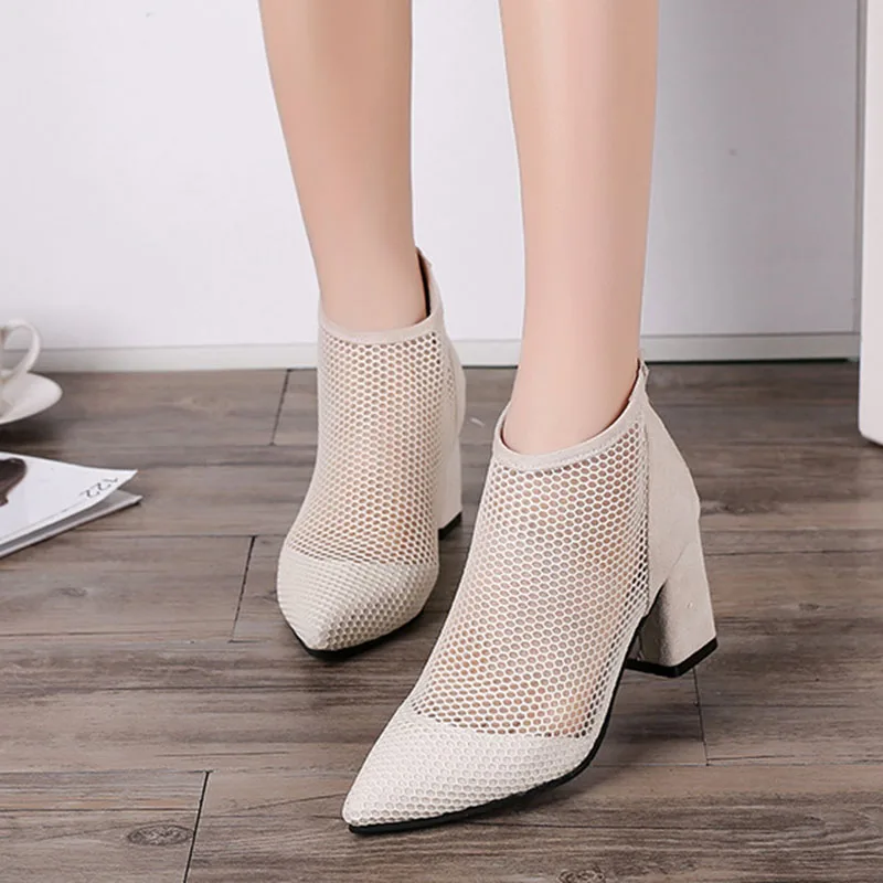 2023 Spring and Summer Mesh Hollow Sandals Boots Women\'s Pointed Toe All-match Thick Heels Medium High Heels New Ladies Sandals