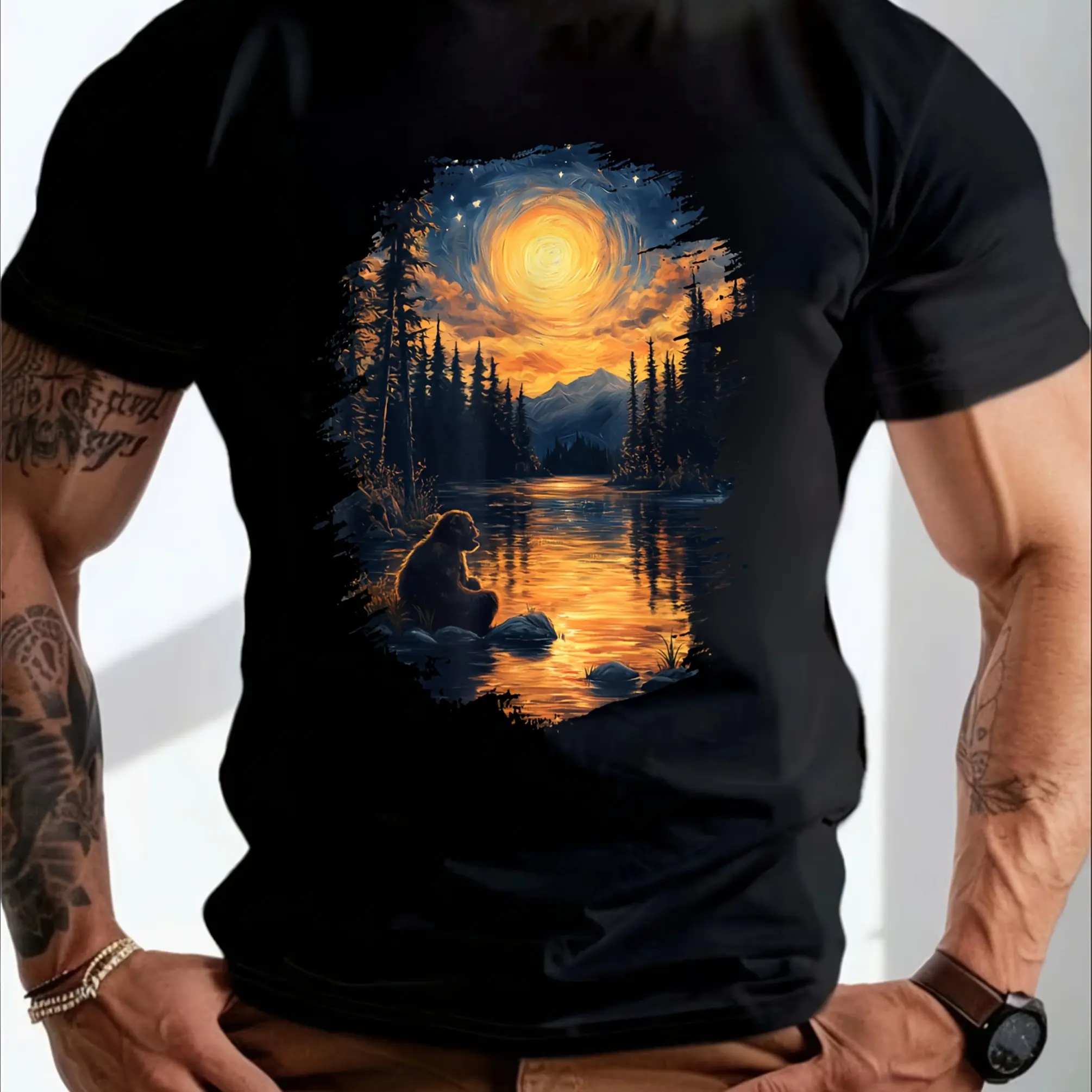 

Van Gogh Starry Night Forest Sasquatch Print T-Shirt Cotton Crew Neck Tee Casual Top for Men Clothing Comfortable