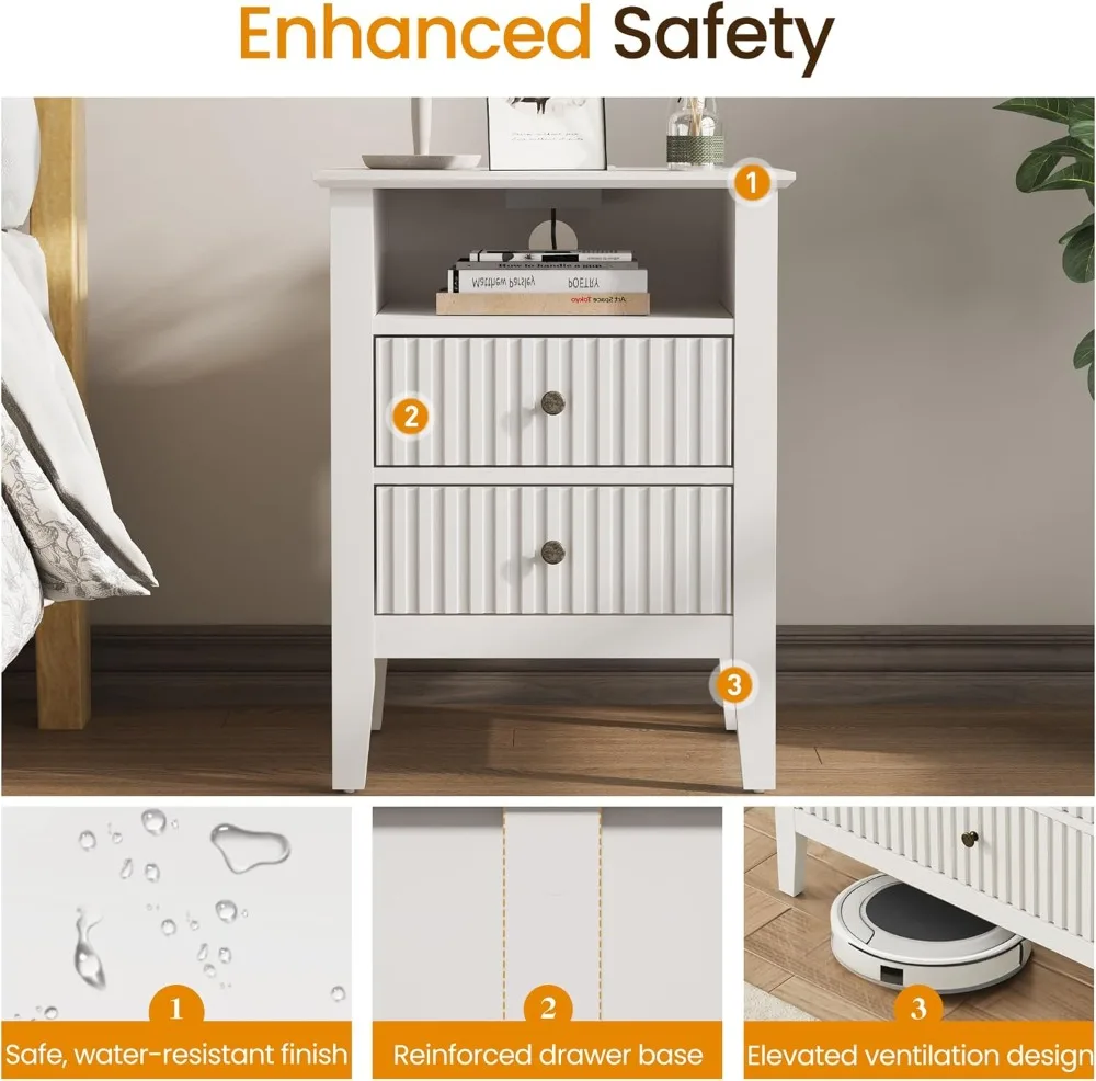 Set di 2 Comodini Moderni Bianchi con Stazione di Ricarica, Cassetti Silenziosi e Ripiano Portaoggetti per Camera da Letto