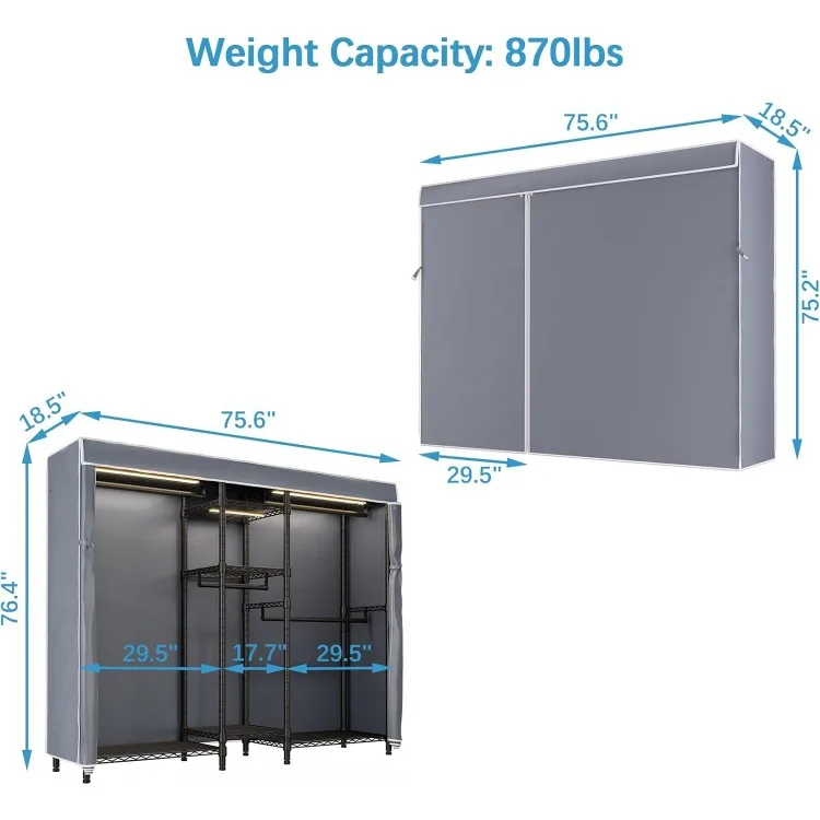 Rack de roupas coberto v6l, rack de roupas resistente com capa e luzes led reguláveis, guarda-roupa portátil