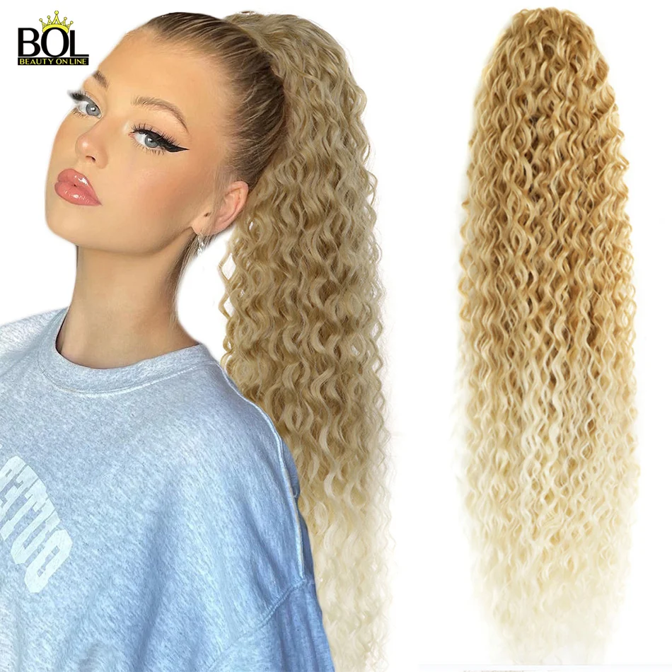 BOL 32Inch Long Kinky Curly Ponytail Hair Extensions Water Wave Curly Synthetic Drawstring Ponytail Soft and Natural for Women