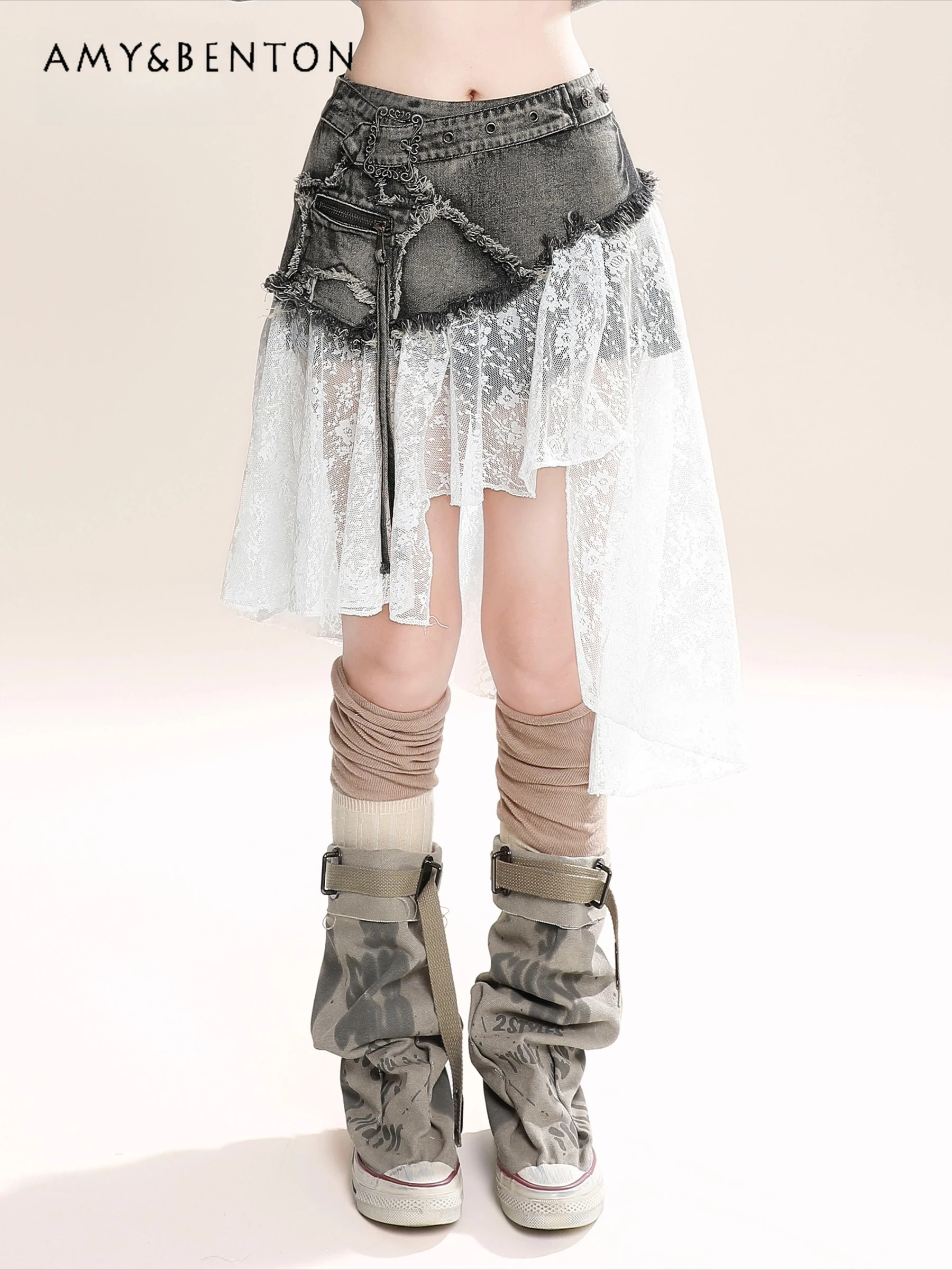 

2025 Summer New American Retro Style Versatile Black Gray Lace Patchwork Irregular Distressed Washed Denim Midi Skirt