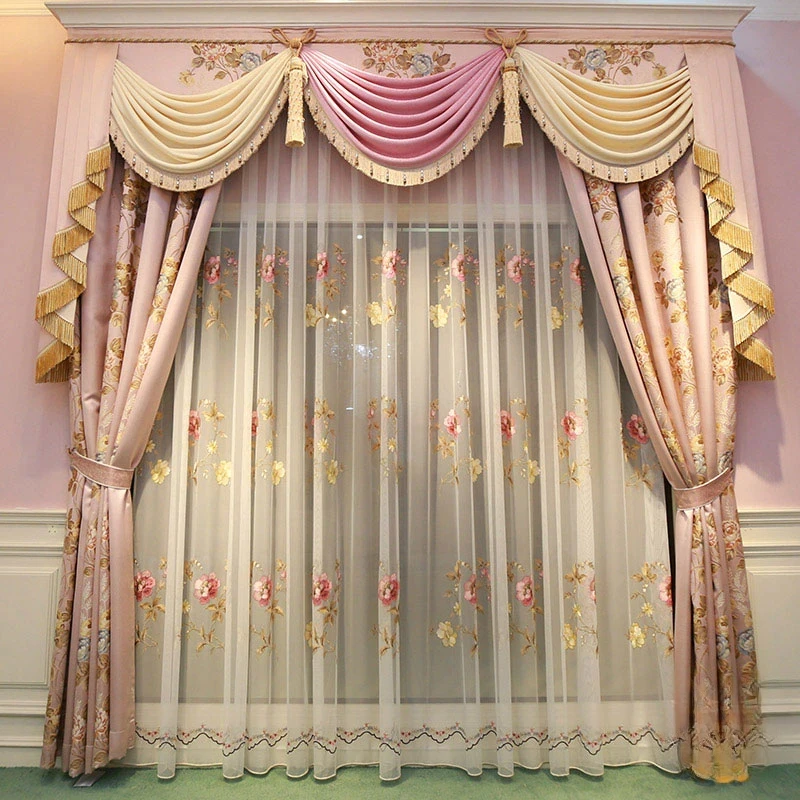 

European Luxury Pink Jacquard Princess French Blackout American Curtains for Living Dining room Bedroom Tulle Valance Custom